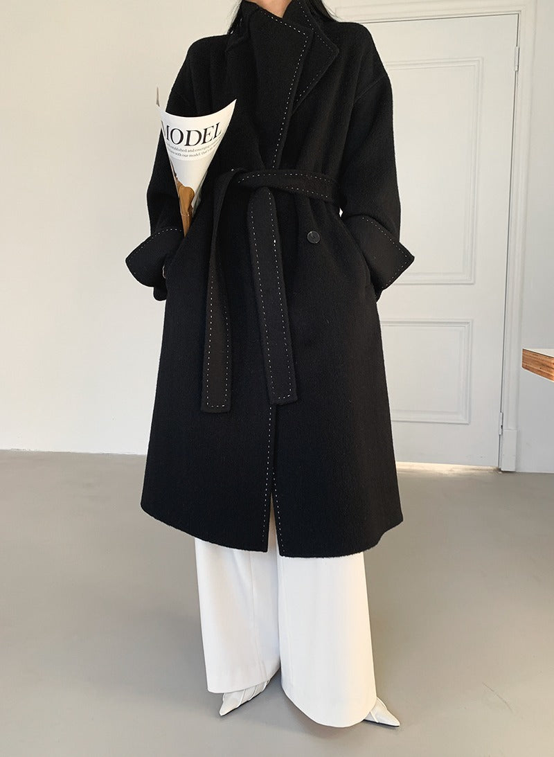 Long Fur Lapel Extended Lace-up Double-faced Wool Coat