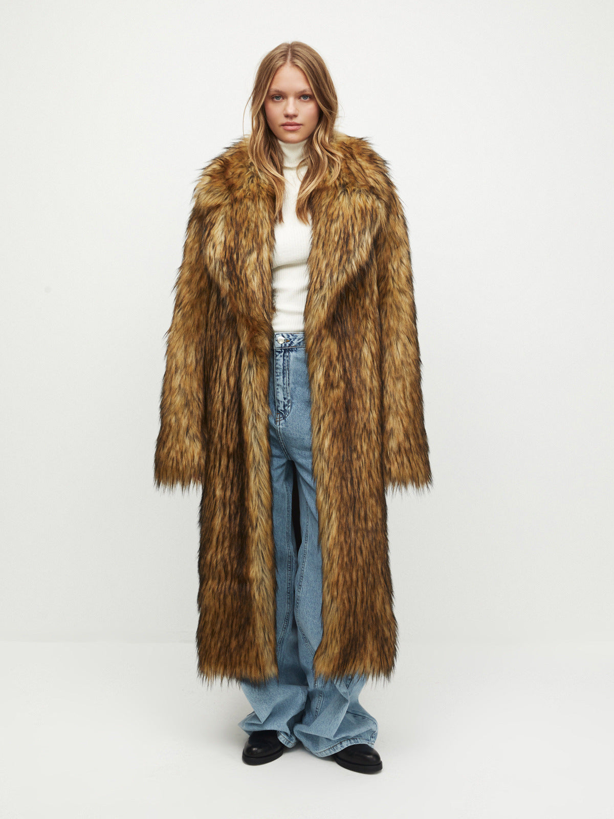 Brown Gradient Faux Fur Long Coat – Luxury Street Style Warmth