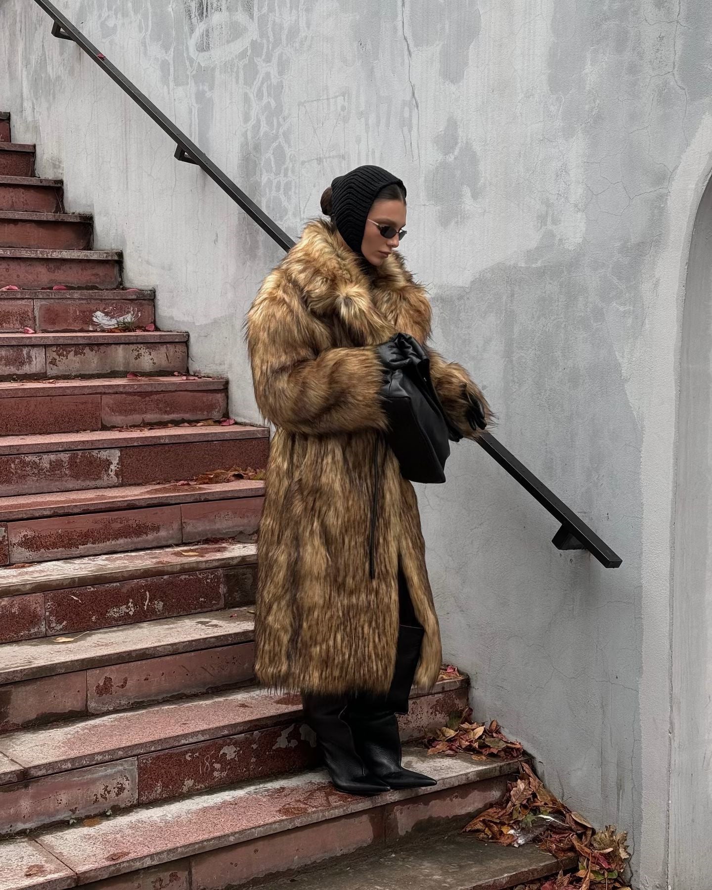 Brown Gradient Faux Fur Long Coat – Luxury Street Style Warmth