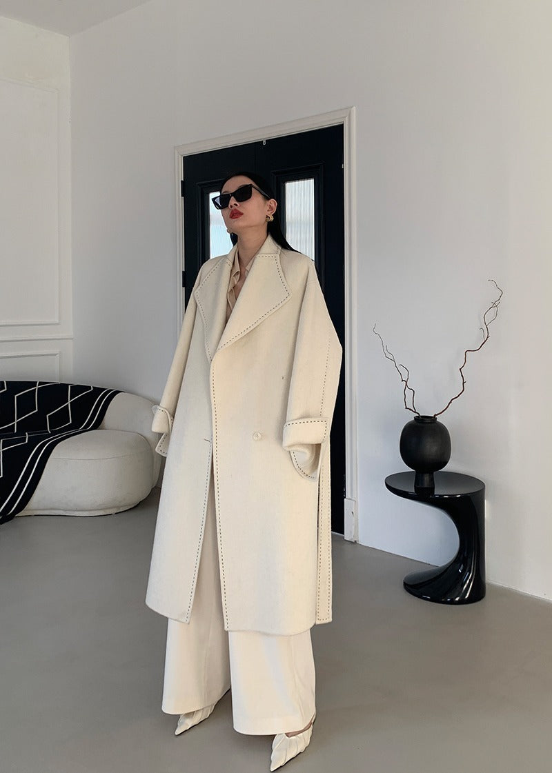 Long Fur Lapel Extended Lace-up Double-faced Wool Coat