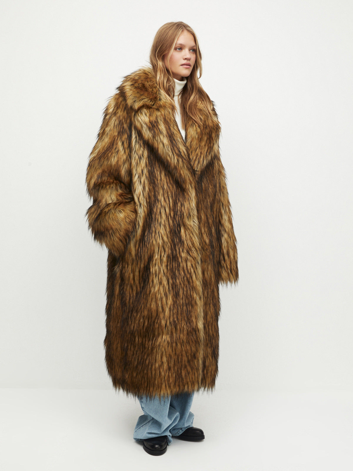 Brown Gradient Faux Fur Long Coat – Luxury Street Style Warmth