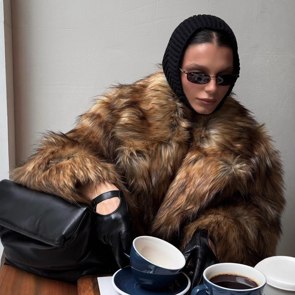 Brown Gradient Faux Fur Long Coat – Luxury Street Style Warmth