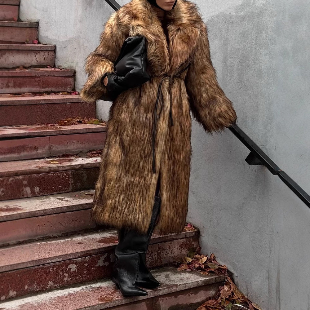 Brown Gradient Faux Fur Long Coat – Luxury Street Style Warmth