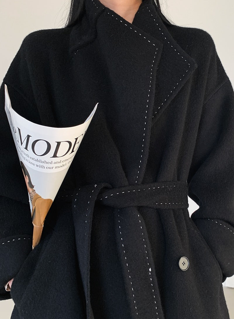 Long Fur Lapel Extended Lace-up Double-faced Wool Coat