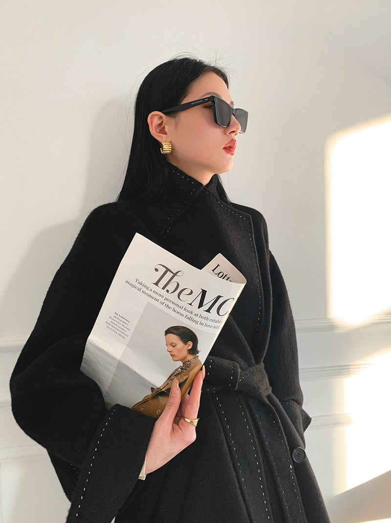 Long Fur Lapel Extended Lace-up Double-faced Wool Coat