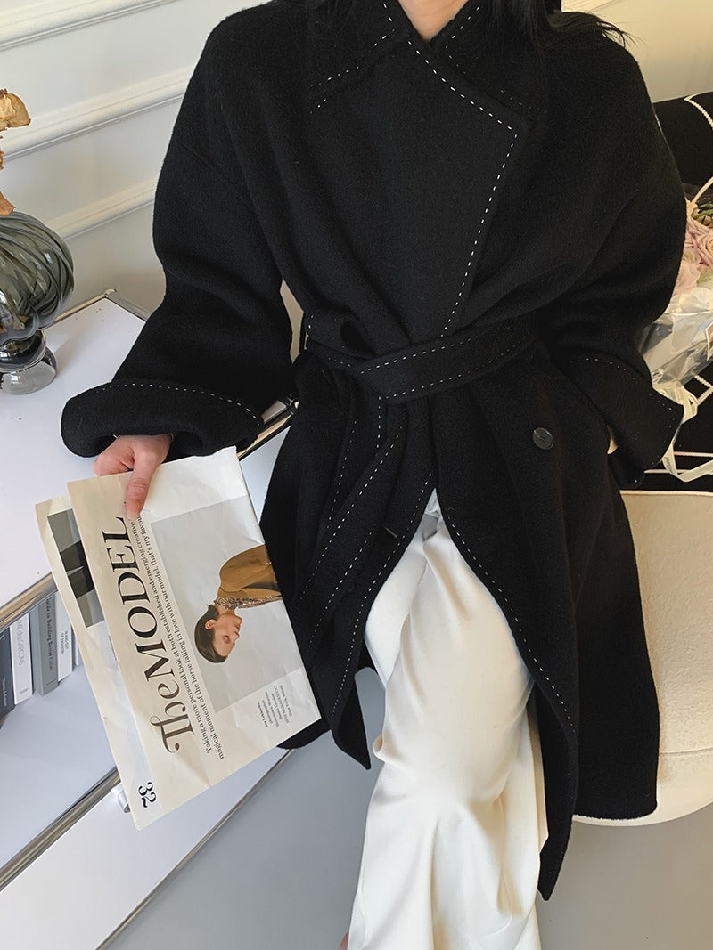 Long Fur Lapel Extended Lace-up Double-faced Wool Coat