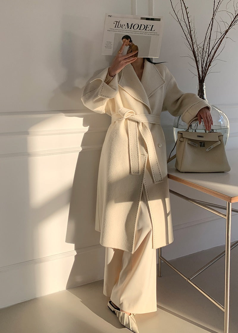 Long Fur Lapel Extended Lace-up Double-faced Wool Coat