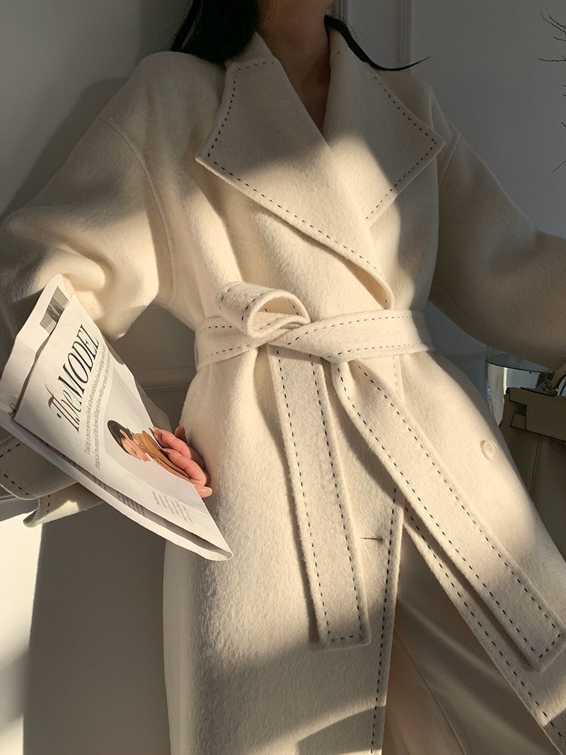 Long Fur Lapel Extended Lace-up Double-faced Wool Coat