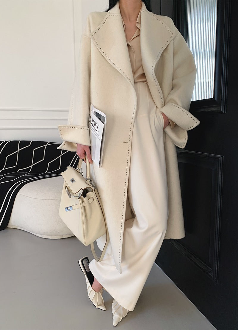 Long Fur Lapel Extended Lace-up Double-faced Wool Coat