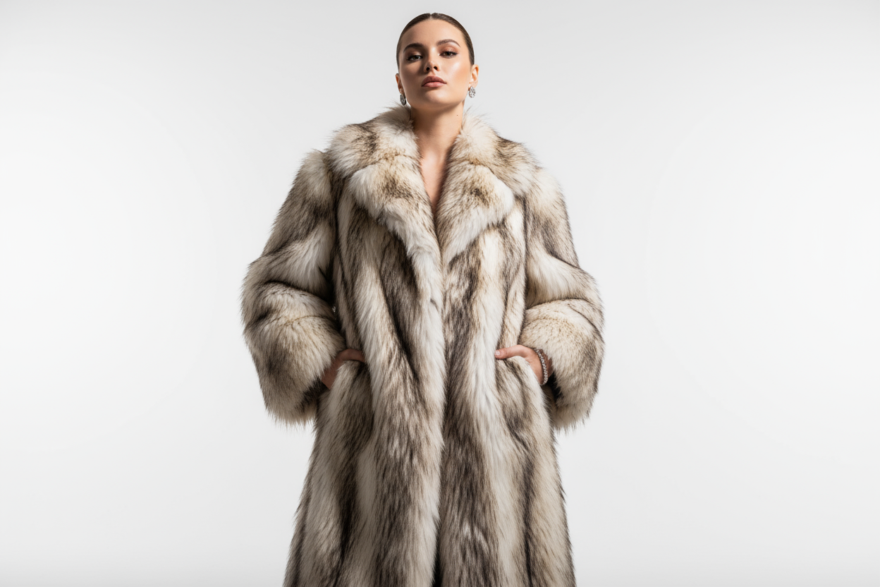 i clicked a picture below. it is a fur coat. i need you to create a clean pictures of a model wearing the fur coat and also just a picture of the fur coat itself